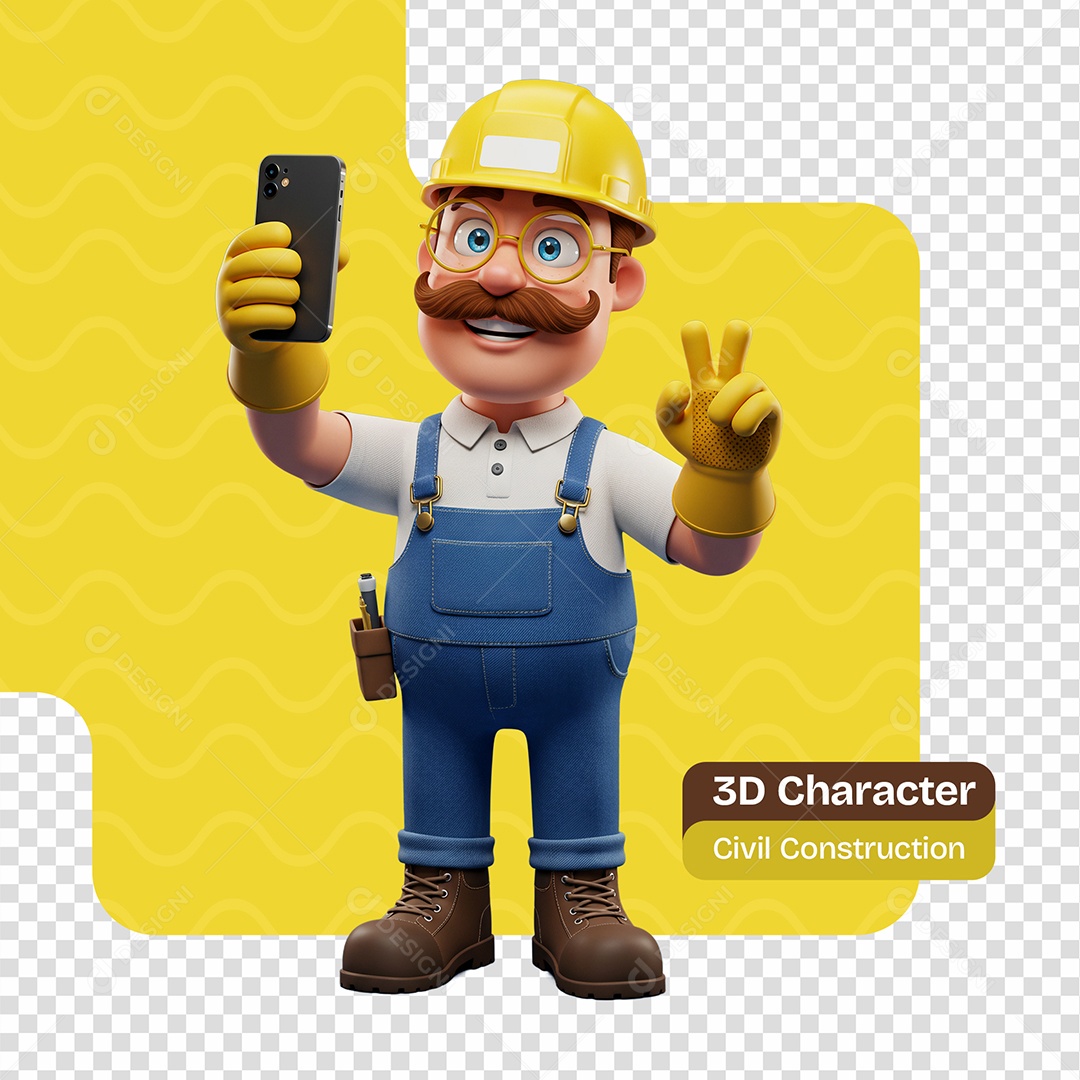 Personagem 3D Construtor Tirando Selfie  Para Composição PSD Editável