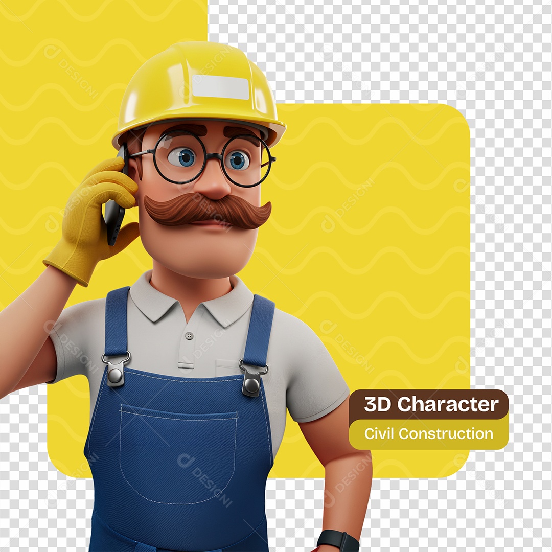Personagem 3D Construtor Falando em Telefone Para Composição PSD Editável
