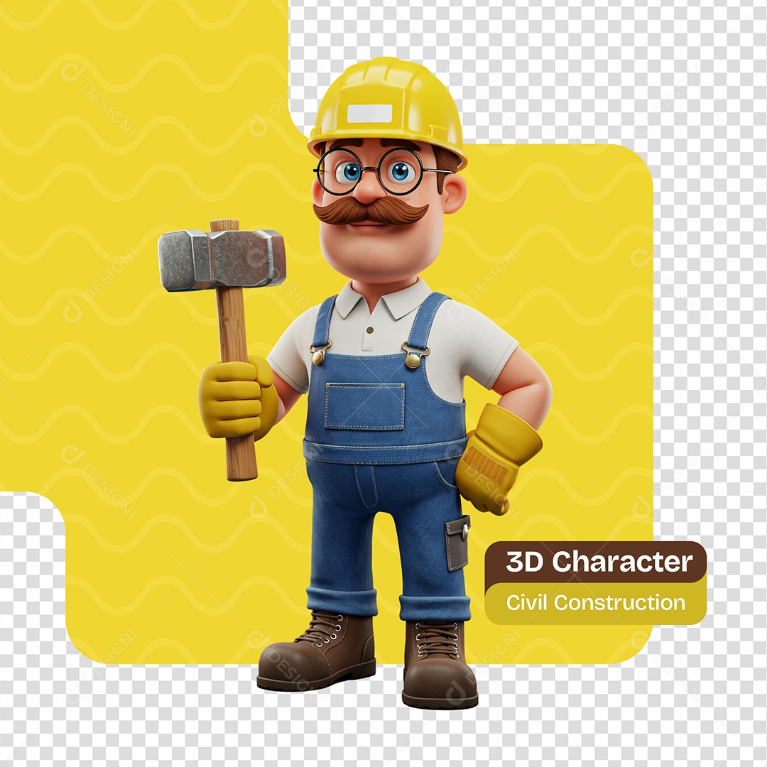 Personagem 3D Construtor Segurando Marreta Para Composição PSD Editável