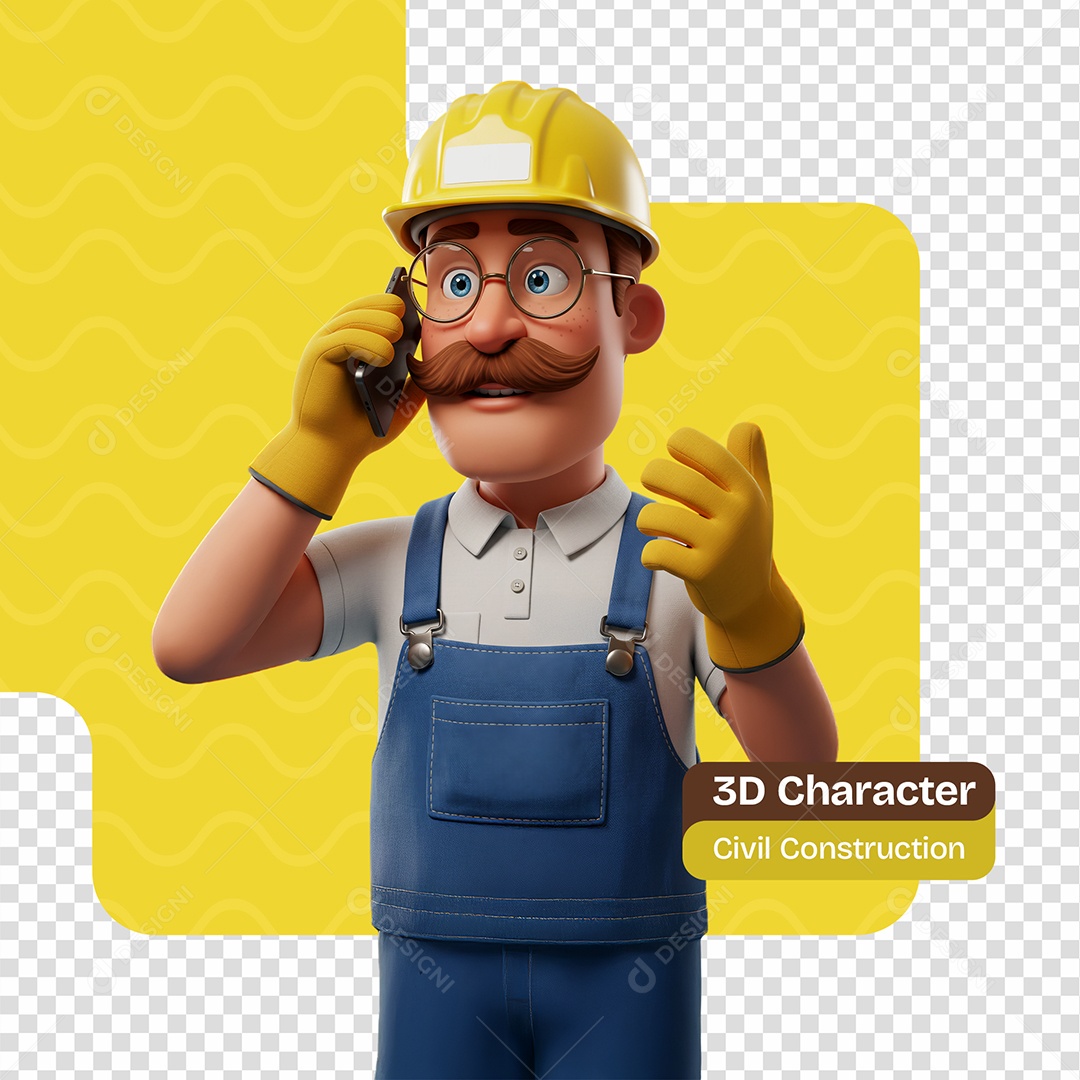Personagem 3D Construtor Falando em Telefone Para Composição PSD Editável