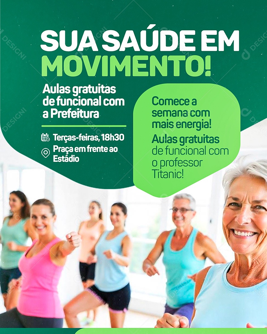 Sua Saúde em Movimento Aulas de Funcional Social Media PSD Editável