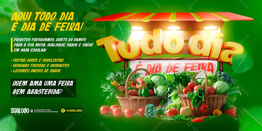 Banner Hortifruti Aqui Todo Dia é Dia de Feira Social Media PSD Editável
