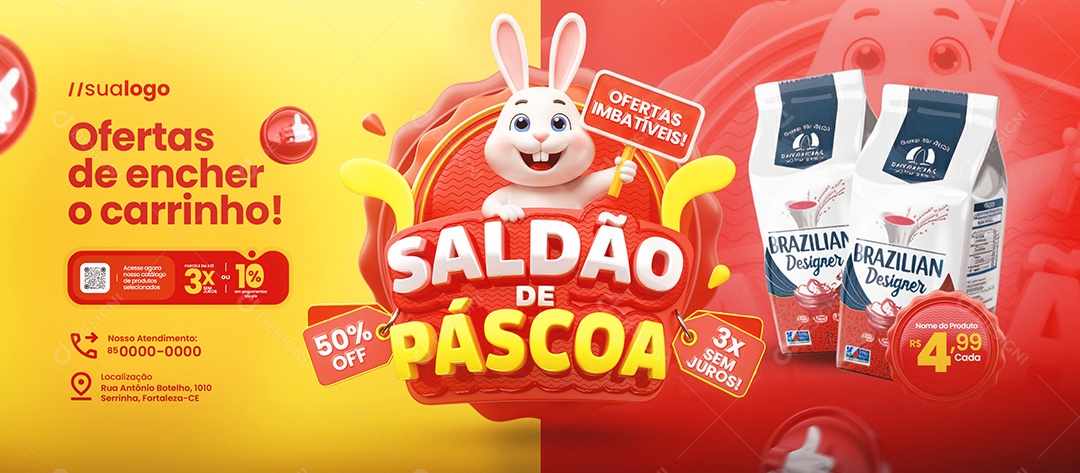 Banner Saldão de Páscoa Supermercado Ofertas de Encher o Carrinho Social Media PSD Editável