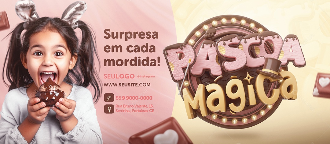 Banner Páscoa Mágica Supermercado Supressa em Cada Mordida Social Media PSD Editável