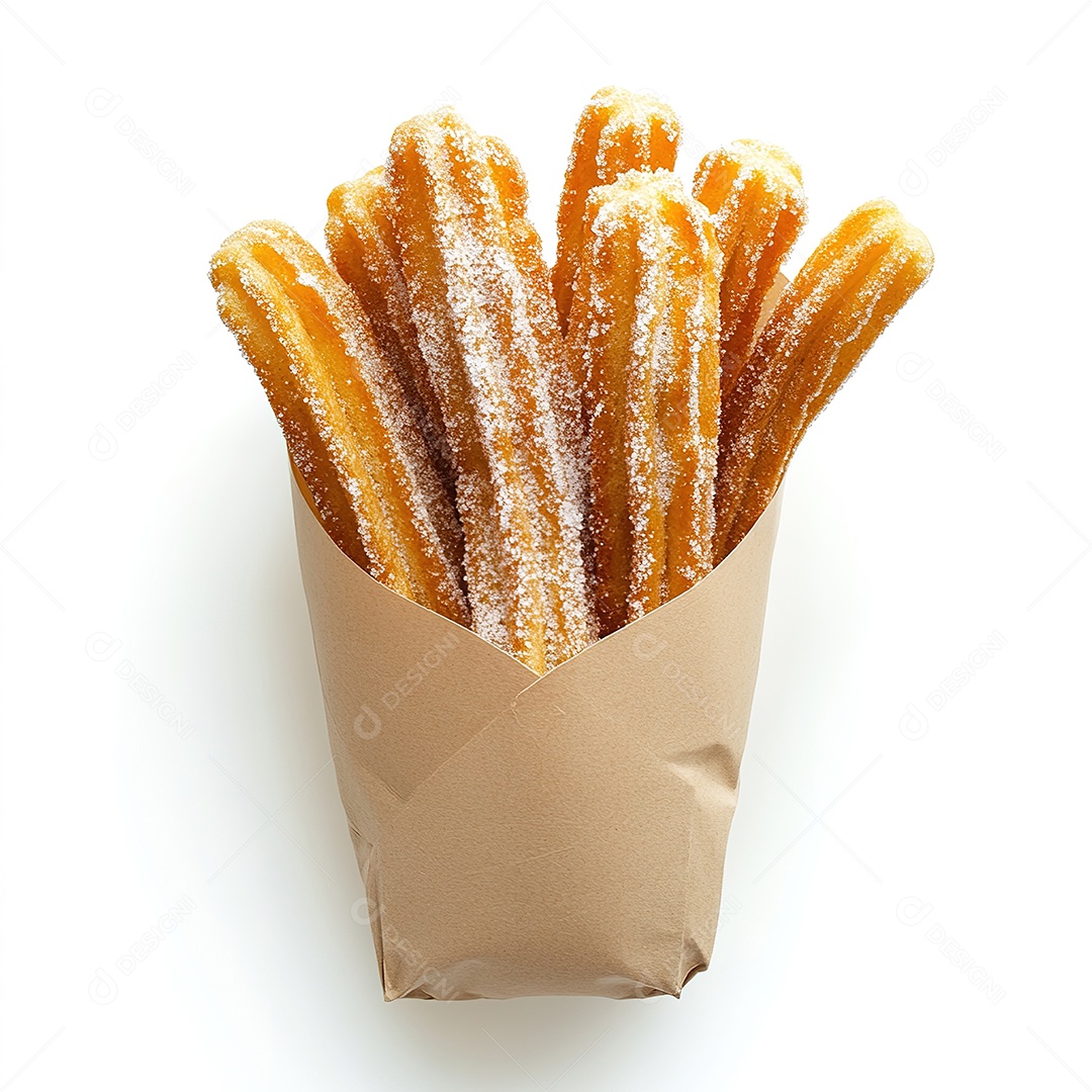 Churros crocantes cobertos de açúcar em pacote sobre branco