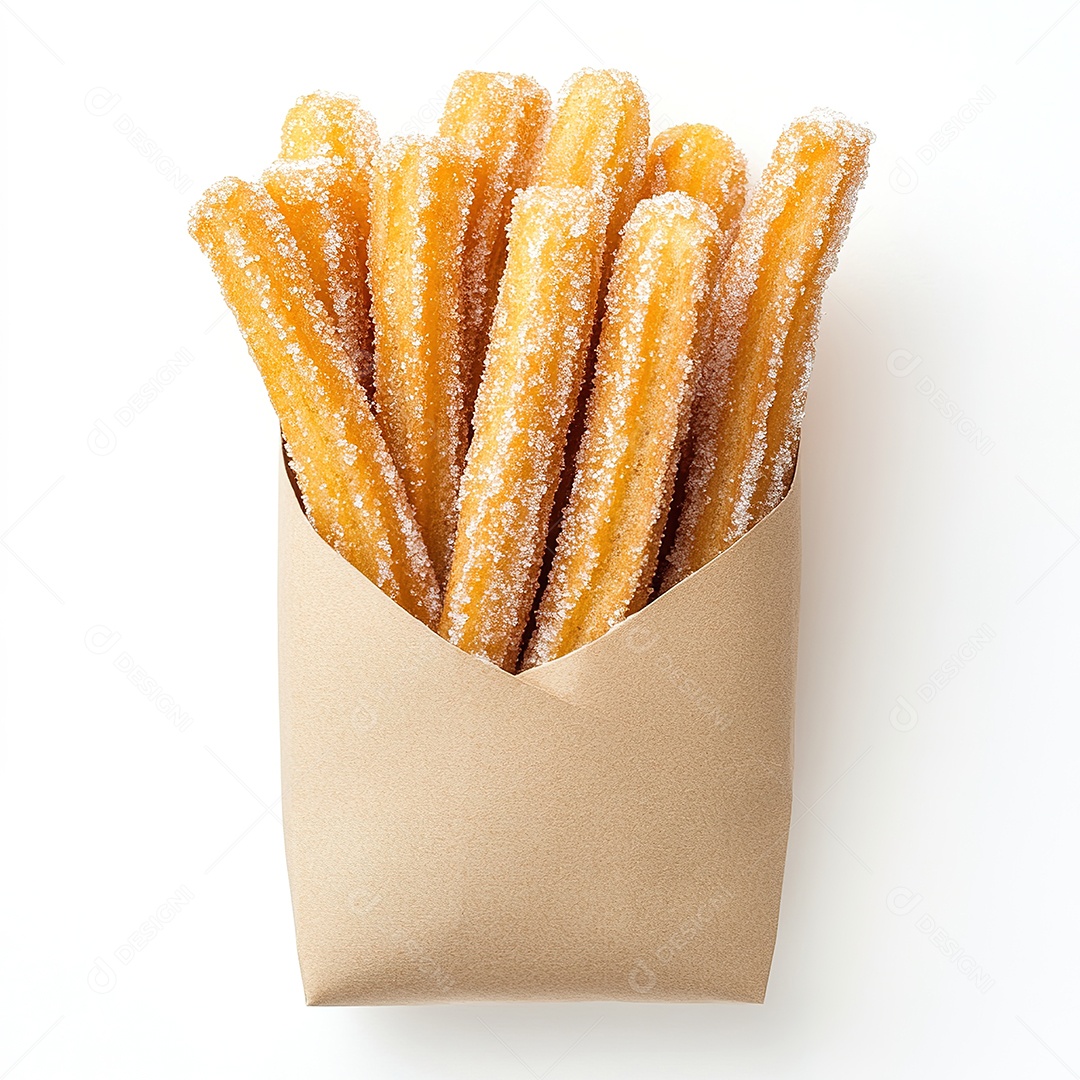 Churros crocantes cobertos de açúcar em pacote sobre branco
