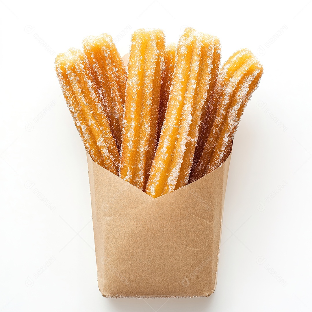 Churros crocantes cobertos de açúcar em pacote sobre branco