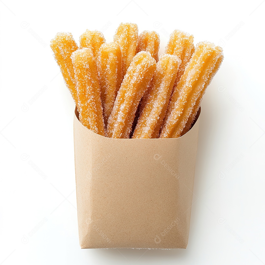 Churros crocantes cobertos de açúcar em pacote sobre branco