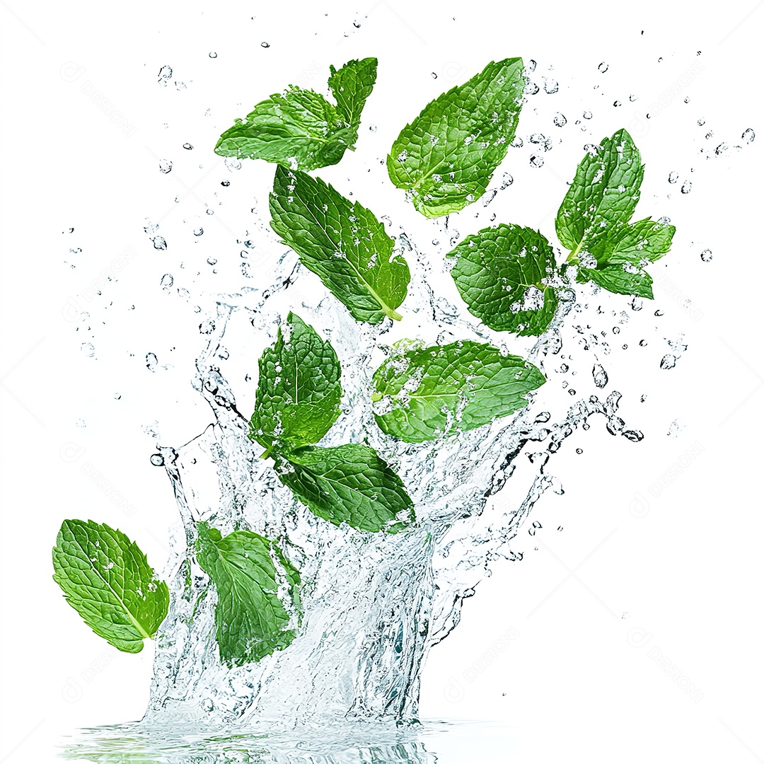 Folhas de hortelã frescas espirrando na água sobre branco