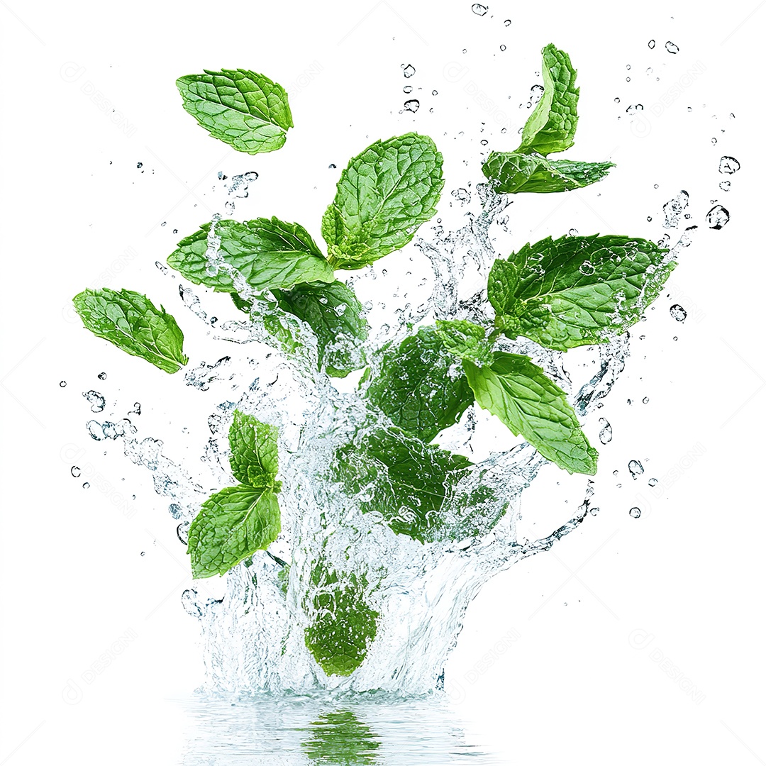 Folhas de hortelã frescas espirrando na água sobre branco