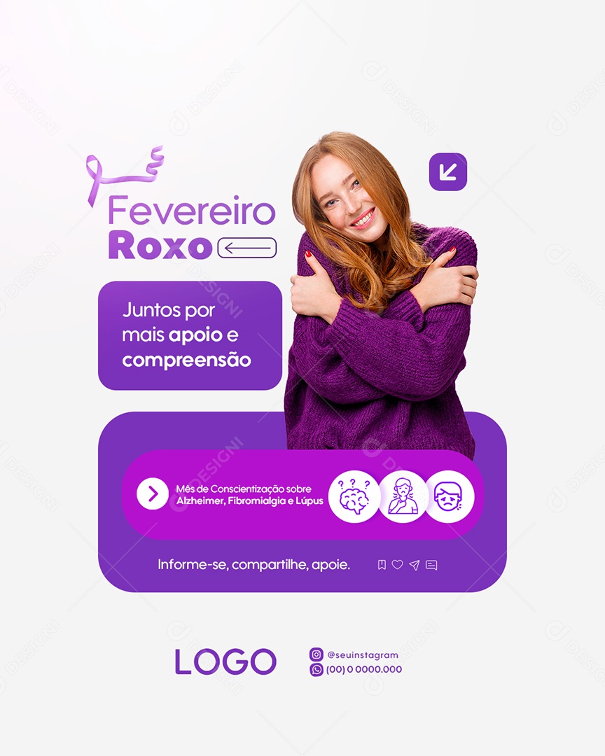 Fevereiro Roxo Apoio e Compreesão Social Media PSD Editável