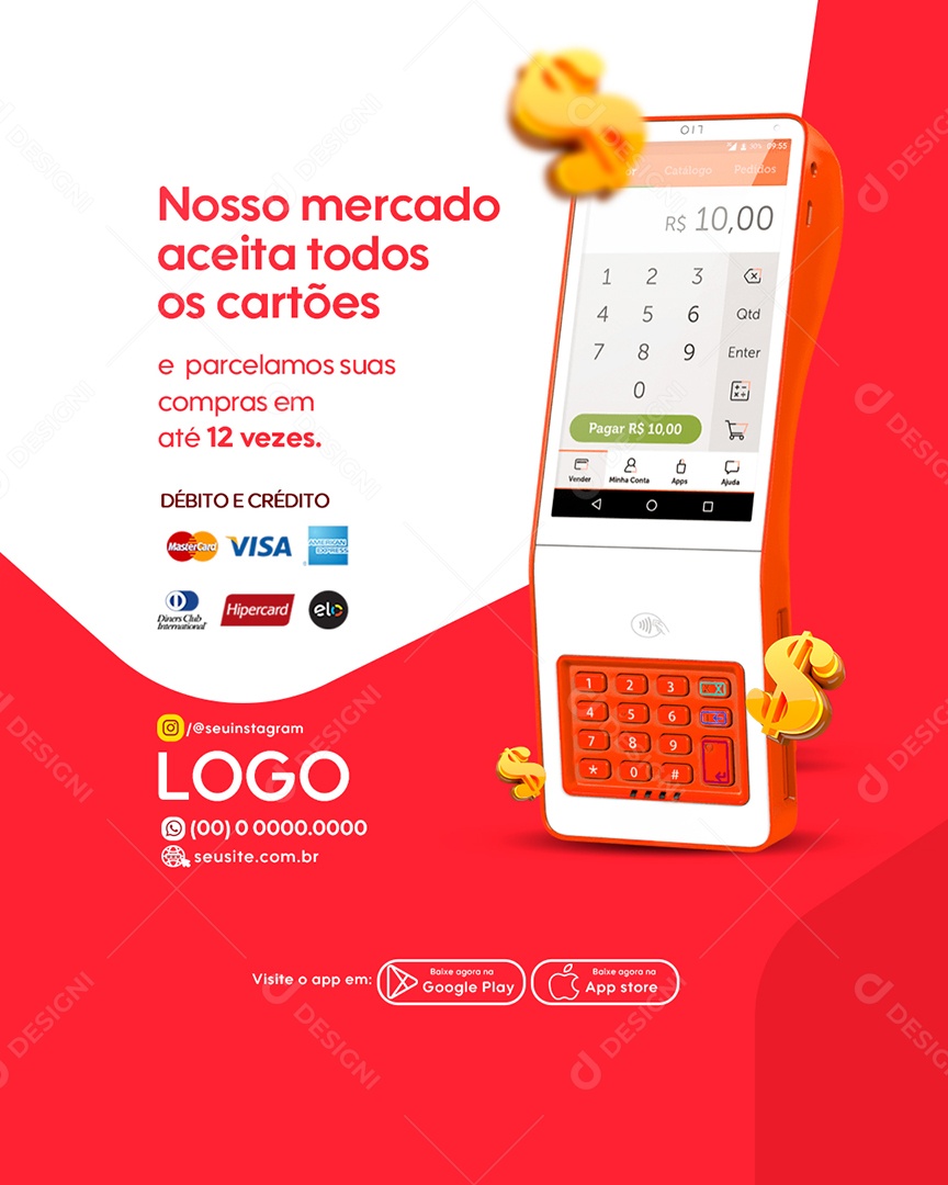 Flyer Supermercado Aceitamos Todos os Cartões Social Media PSD Editável