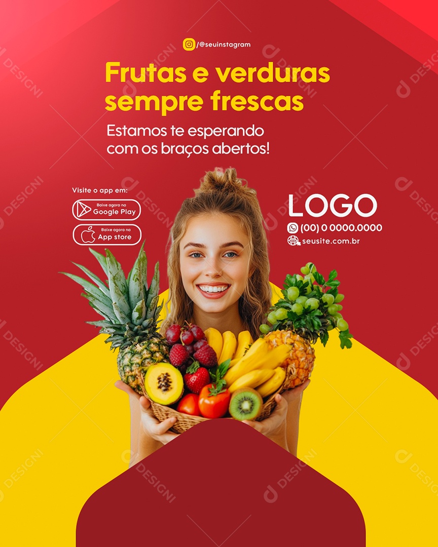 Flyer Supermercado Frutas e Verduras Sempre Frescas Social Media PSD Editável