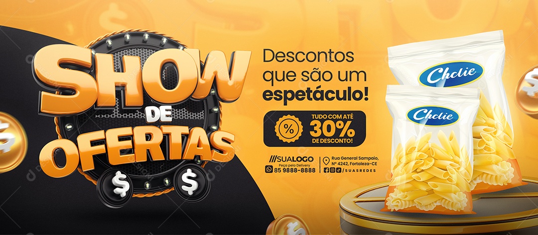 Banner Show de Ofertas Supermercado Pacote de Macarrão Social Media PSD Editável