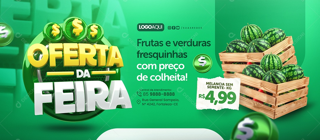 Banner Oferta da Feira Supermercado Frutas e Verduras Social Media PSD Editável