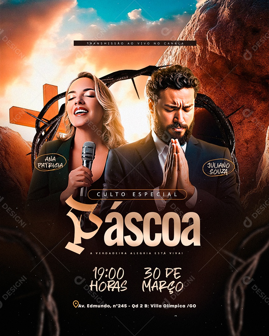 Flyer Gospel Culto Especial Páscoa Social Media PSD Editável