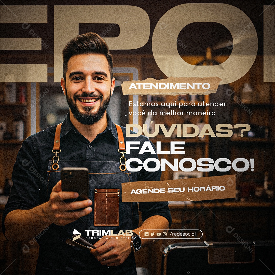 Barbearia Atendimento Dúvidas Fale Conosco Social Media PSD Editável