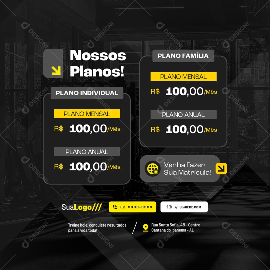 Academia Nossos Planos Plano Individual Plano Família Social Media PSD Editável