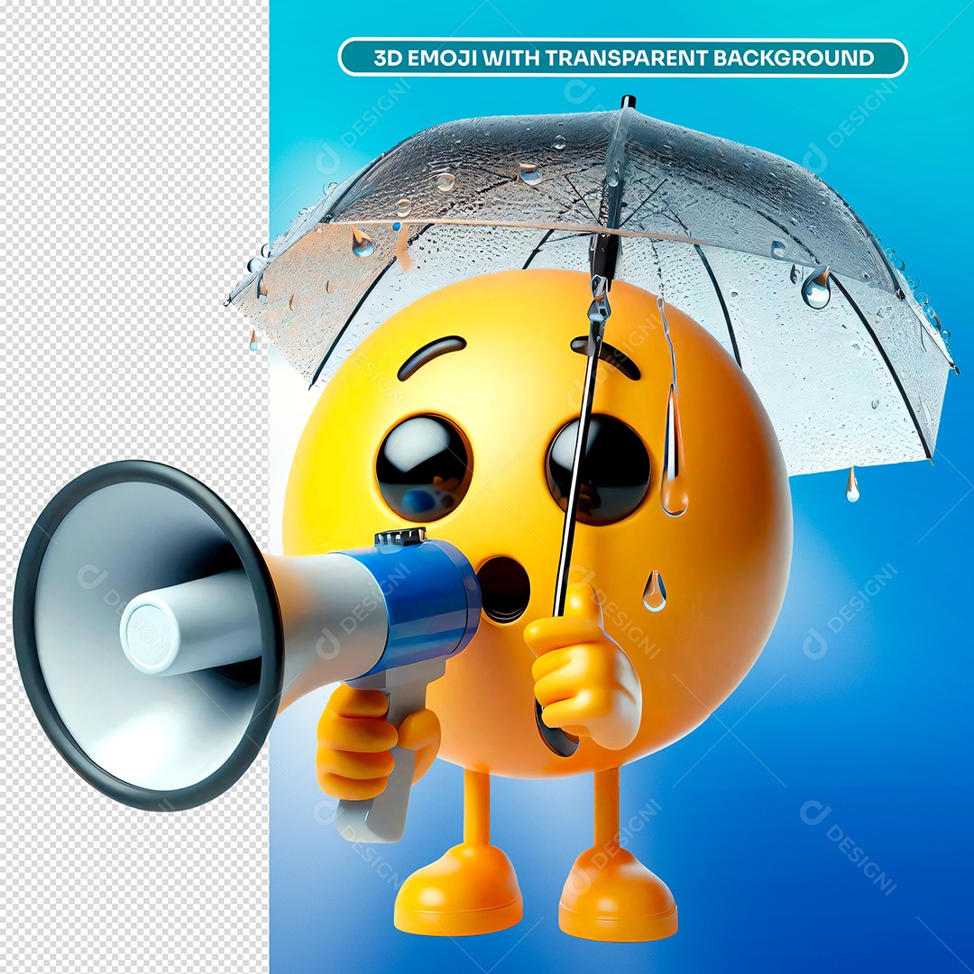 Elemento 3D Emoji Segurando Microfone e Guarda Chuvas para Composição PSD