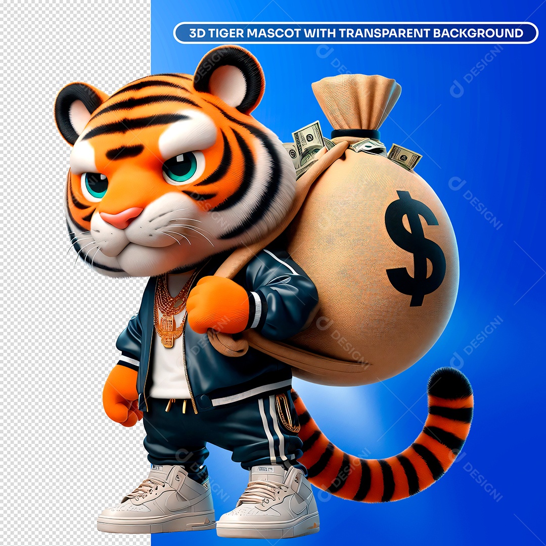 Elemento 3D Personagem de Tigre com Mochila para Composição PSD