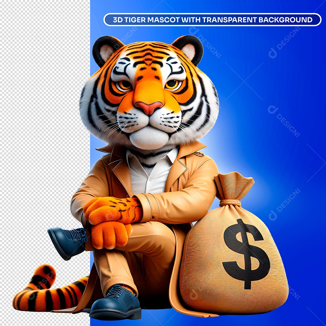 Elemento 3D Personagem de Tigre com Saco de Dinheiro para Composição PSD