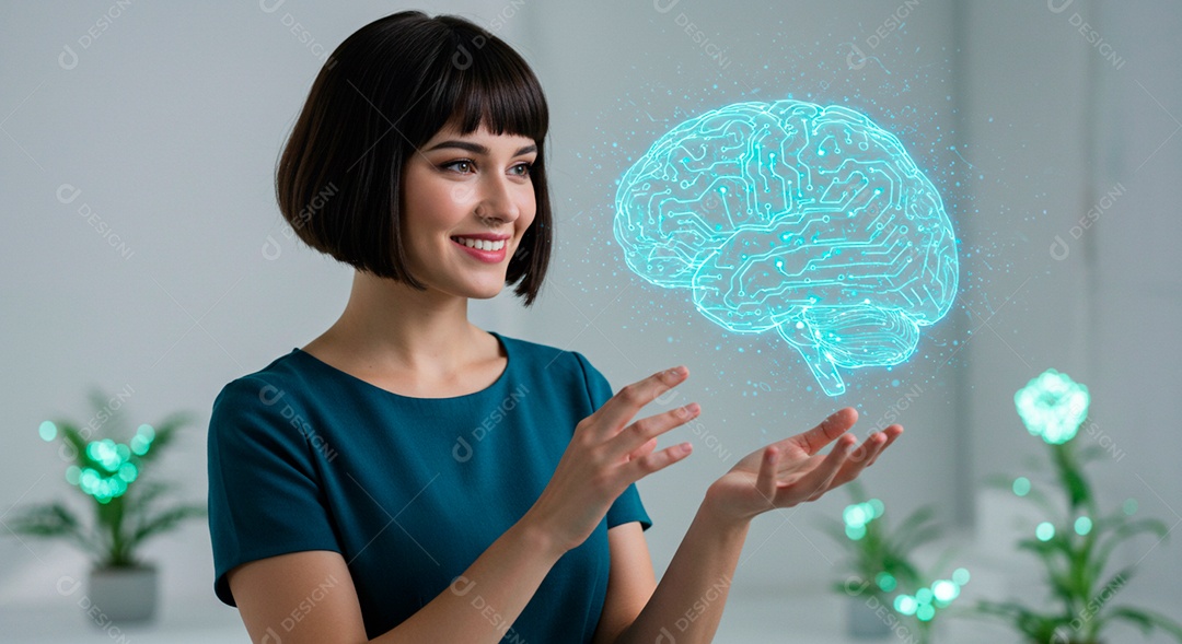 Mulher jovem usando tecnologias avançada de IA