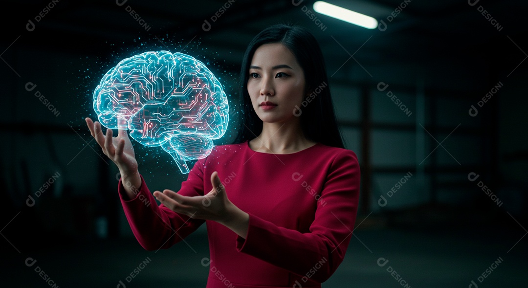 Mulher jovem usando tecnologias avançada de IA