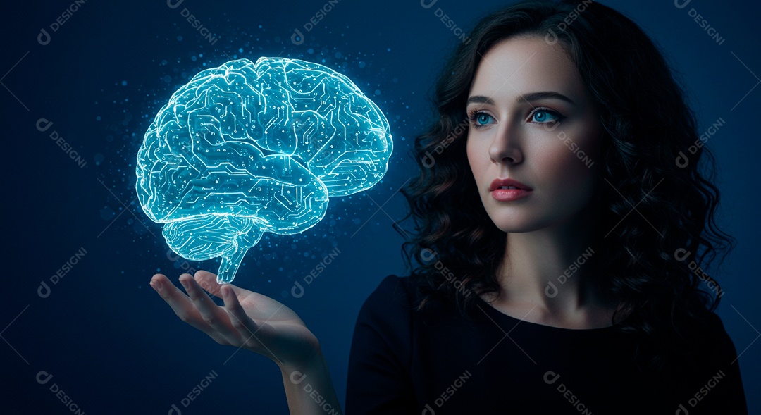 Mulher jovem usando tecnologias avançada de IA