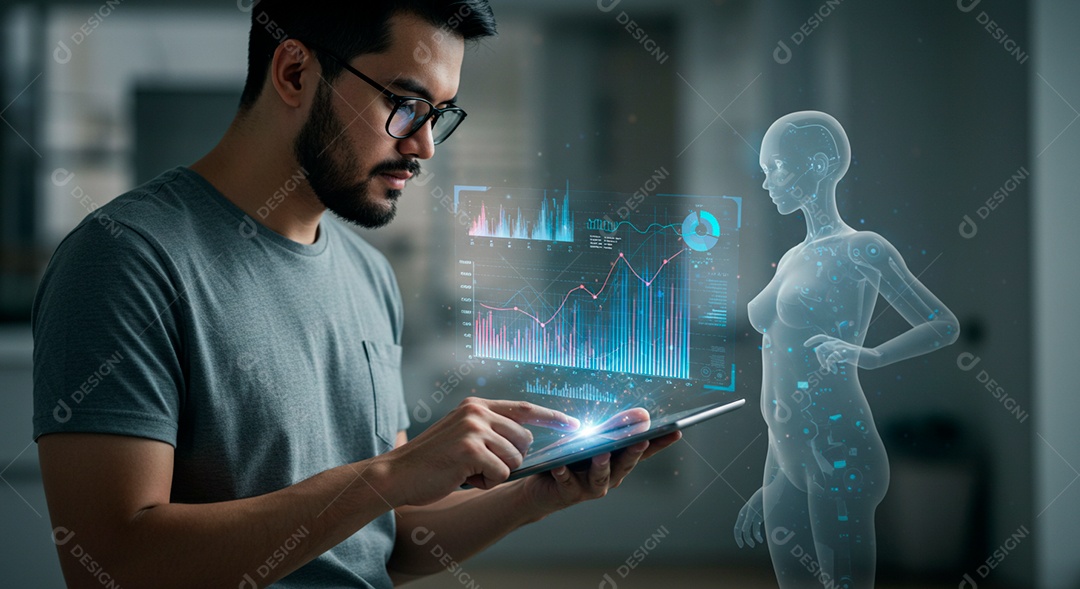 Homem jovem usando tecnologias avançada de IA