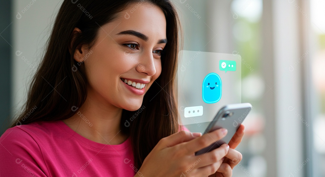 Mulher jovem usando tecnologias avançada de IA