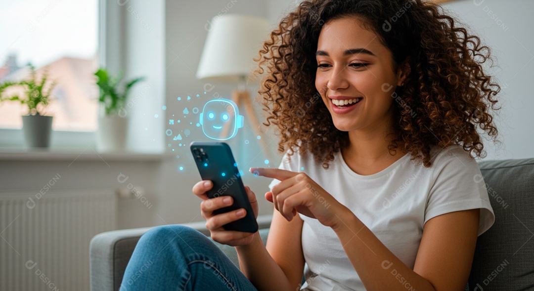 Mulher jovem usando tecnologias avançada de IA