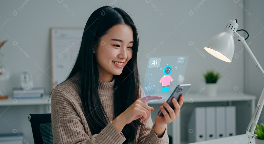 Mulher jovem usando tecnologias avançada de IA