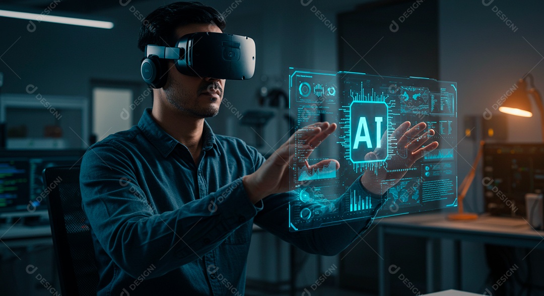 Homem jovem usando óculos realidade virtual