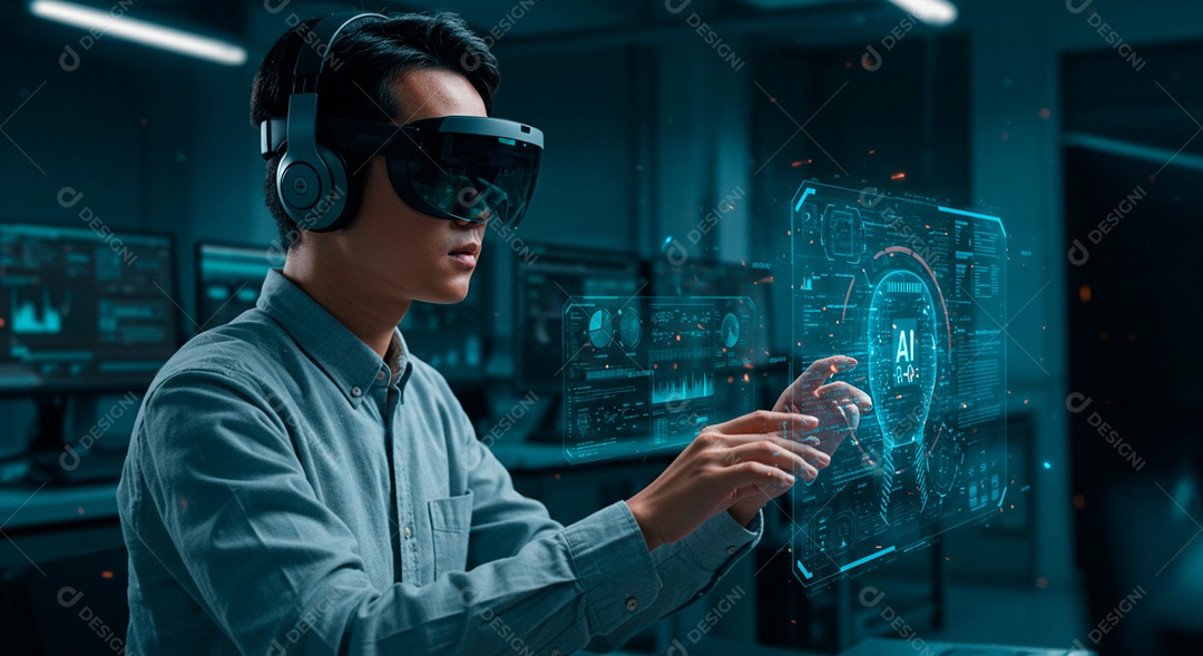 Homem jovem usando óculos realidade virtual