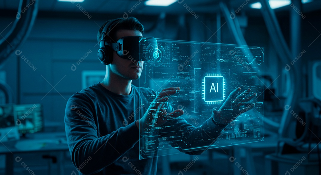 Homem jovem usando óculos realidade virtual