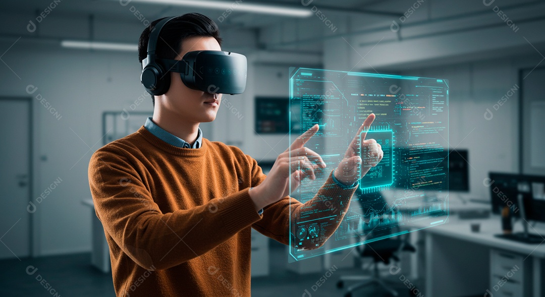 Homem jovem usando óculos realidade virtual