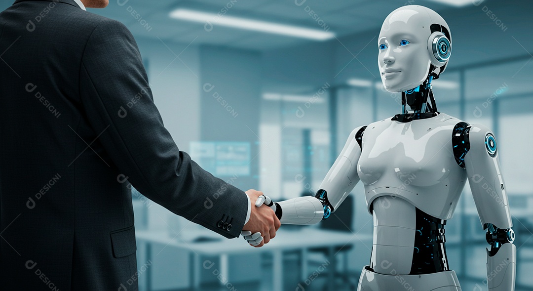 Retrato realista de empresário jovem ao lado de Robô