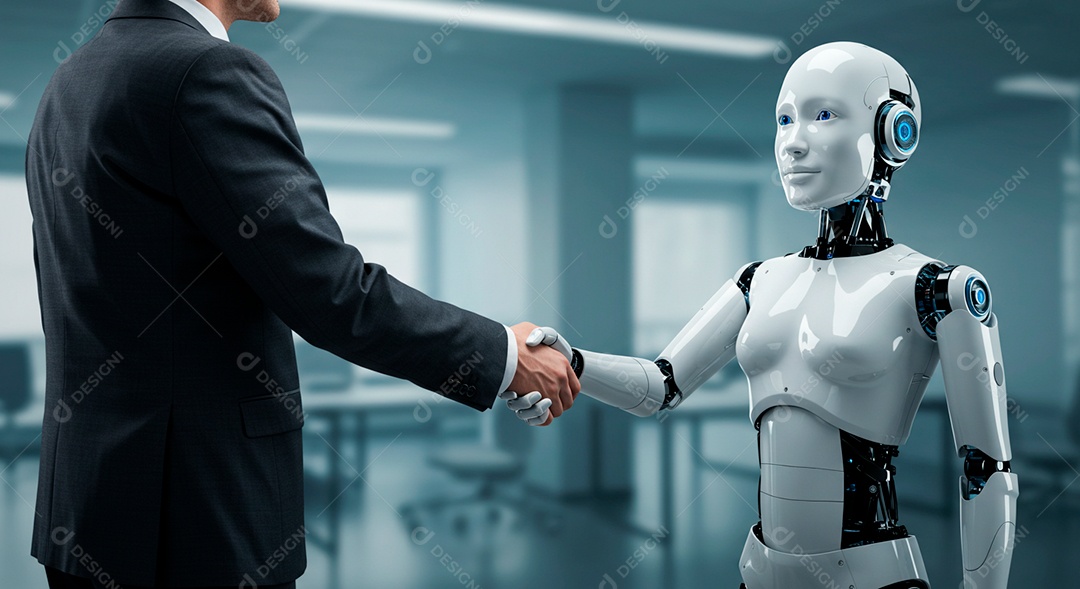 Retrato realista de jovem empresário ao lado de Robô