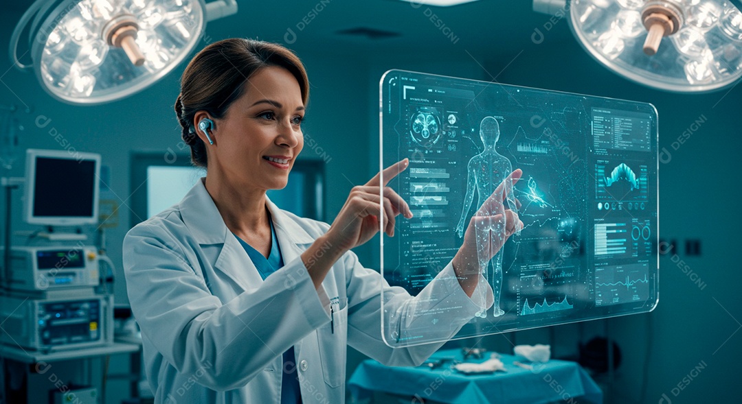 Mulher jovem usando tecnologias avançada de IA