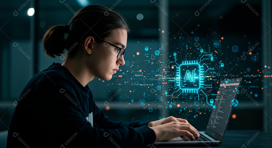 Homem jovem usando tecnologias avançada de IA