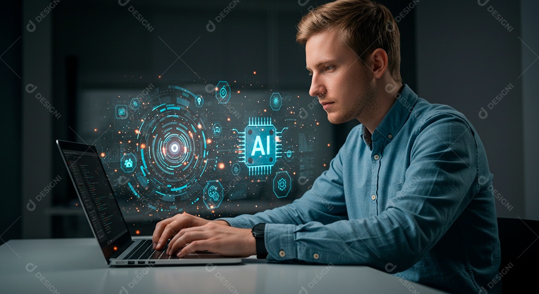 Homem jovem usando tecnologias avançada de IA