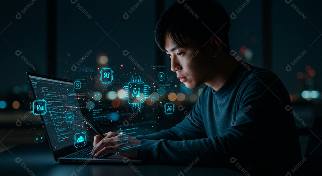 Homem jovem usando tecnologias avançada de IA