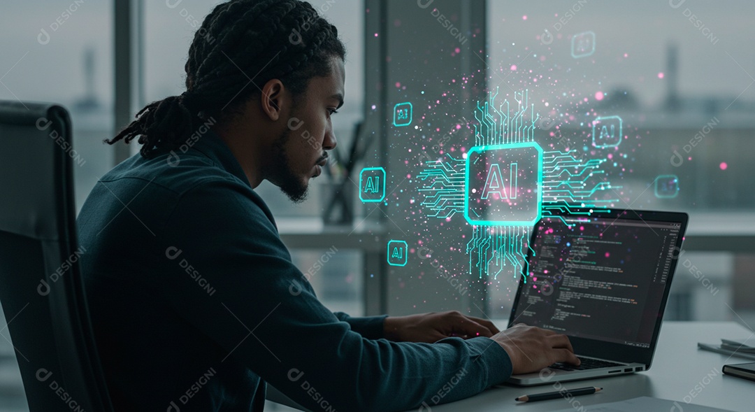 Homem jovem usando tecnologias avançada de IA