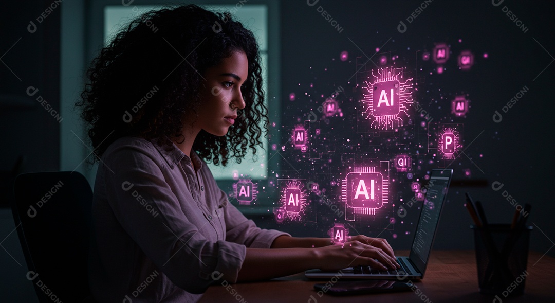 Mulher jovem usando tecnologias avançada de IA