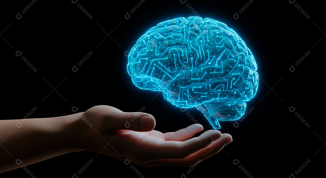 Retrato realista mão pessoa tocando em linhas em formato de cérebro