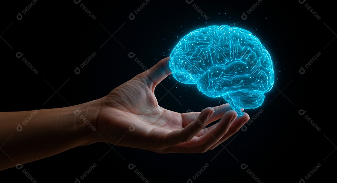 Retrato realista mão pessoa tocando em linhas em formato de cérebro