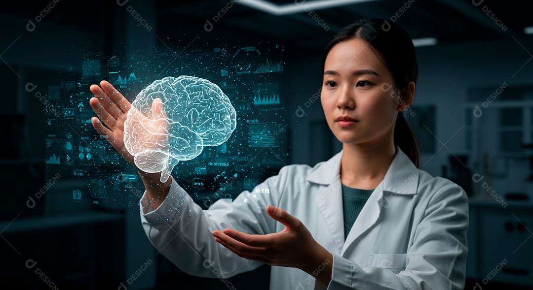 Mulher jovem usando tecnologias avançada de IA