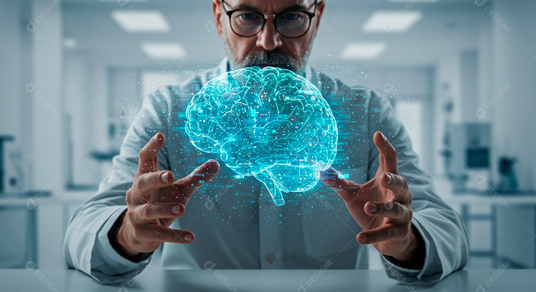 Homem jovem usando tecnologias avançada de IA