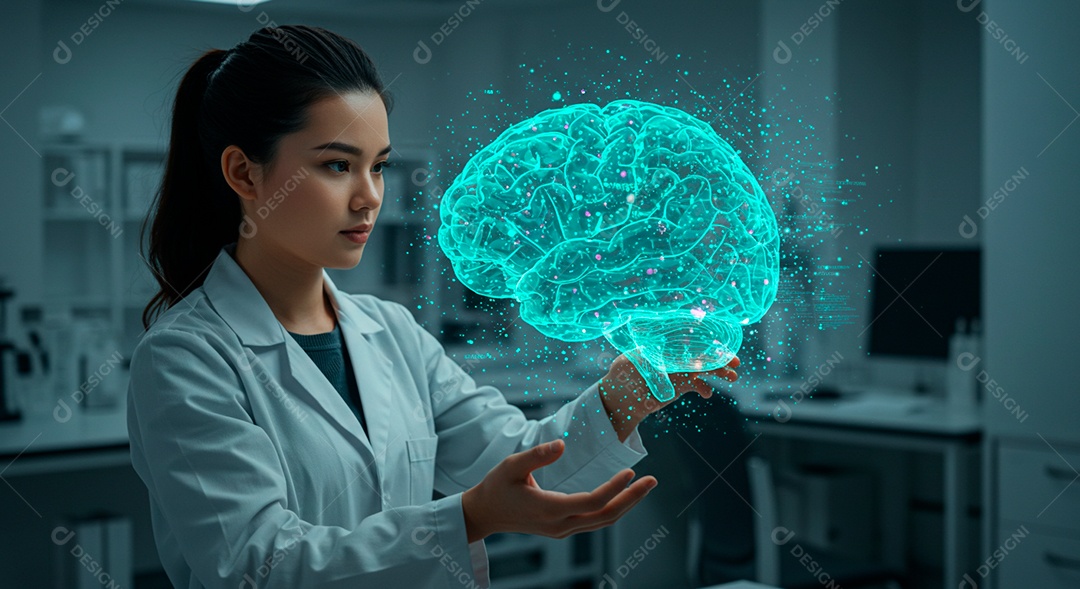 Mulher jovem usando tecnologias avançada de IA