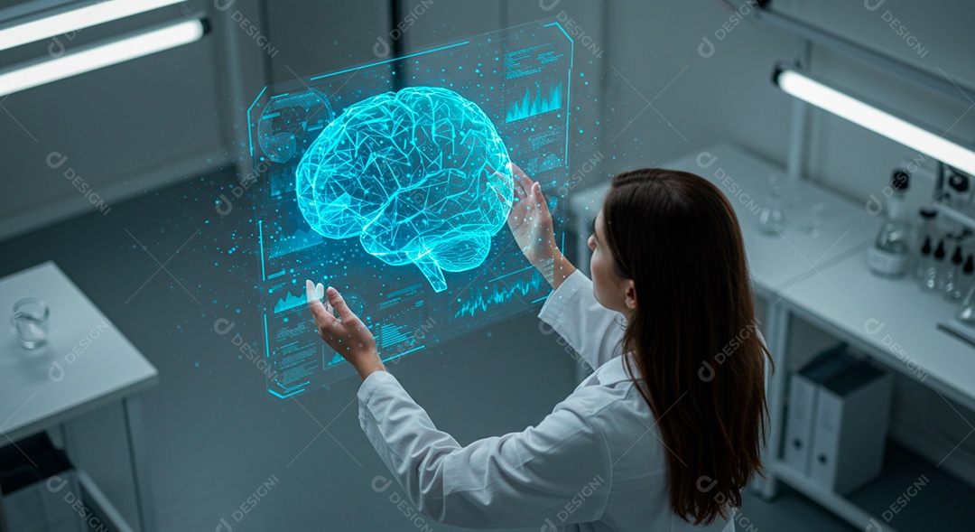 Retrato realista mulher tocando em linhas em formato de cérebro